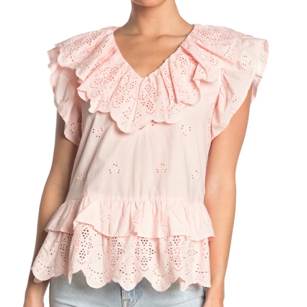 NWT 7 for All Mankind Double Ruffle Eyelet Top in Pink